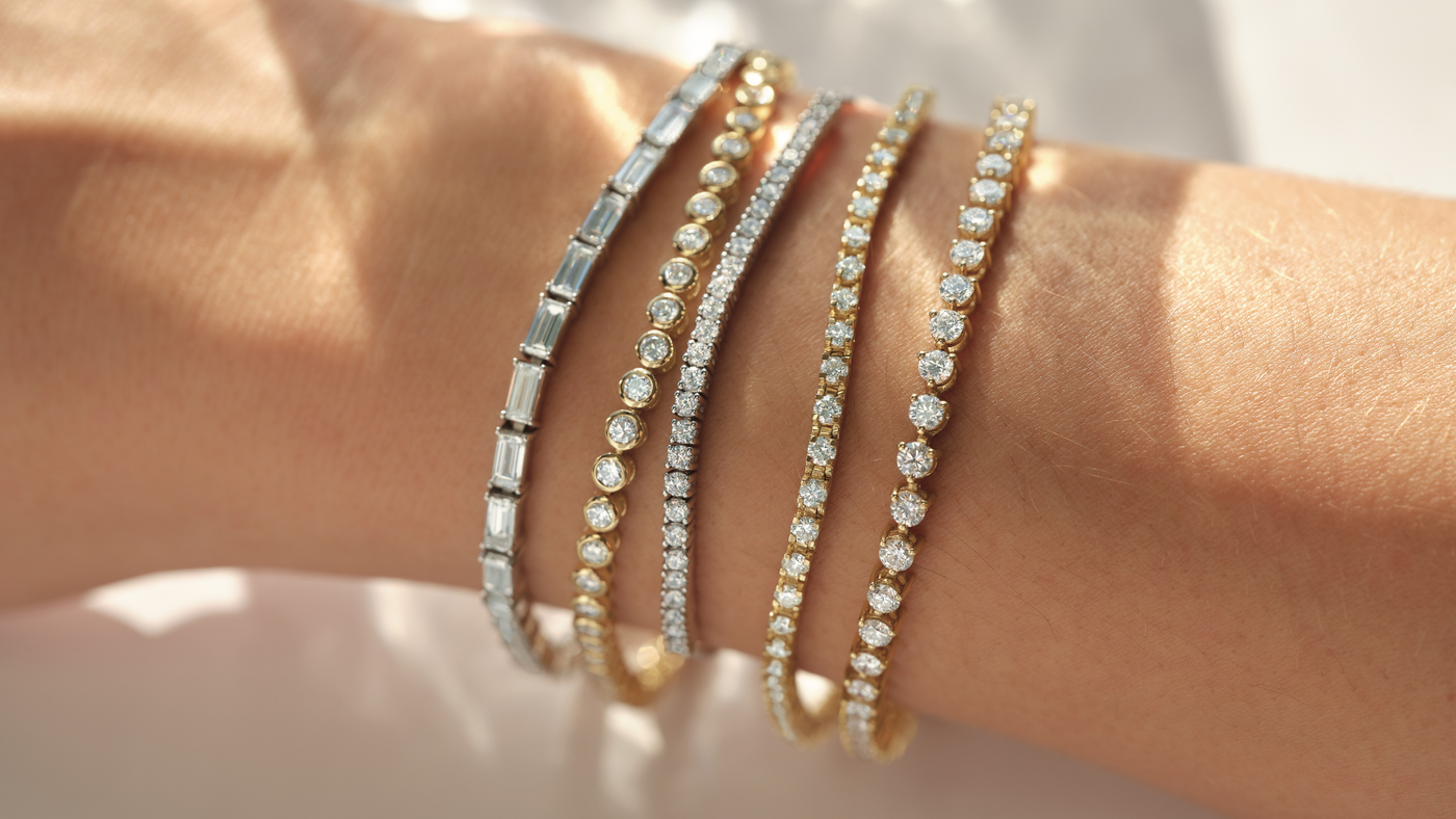 a wrist with lab grown diamond tennis bracelets stacked