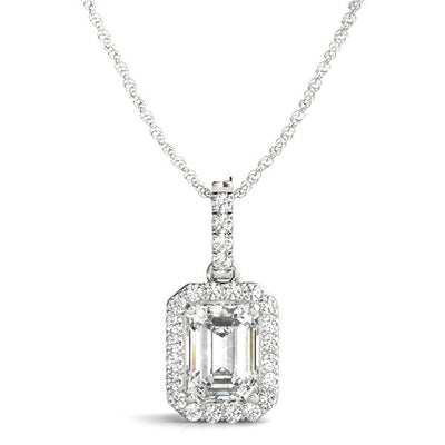 Emerald Cut Halo Diamond Pendant Necklace