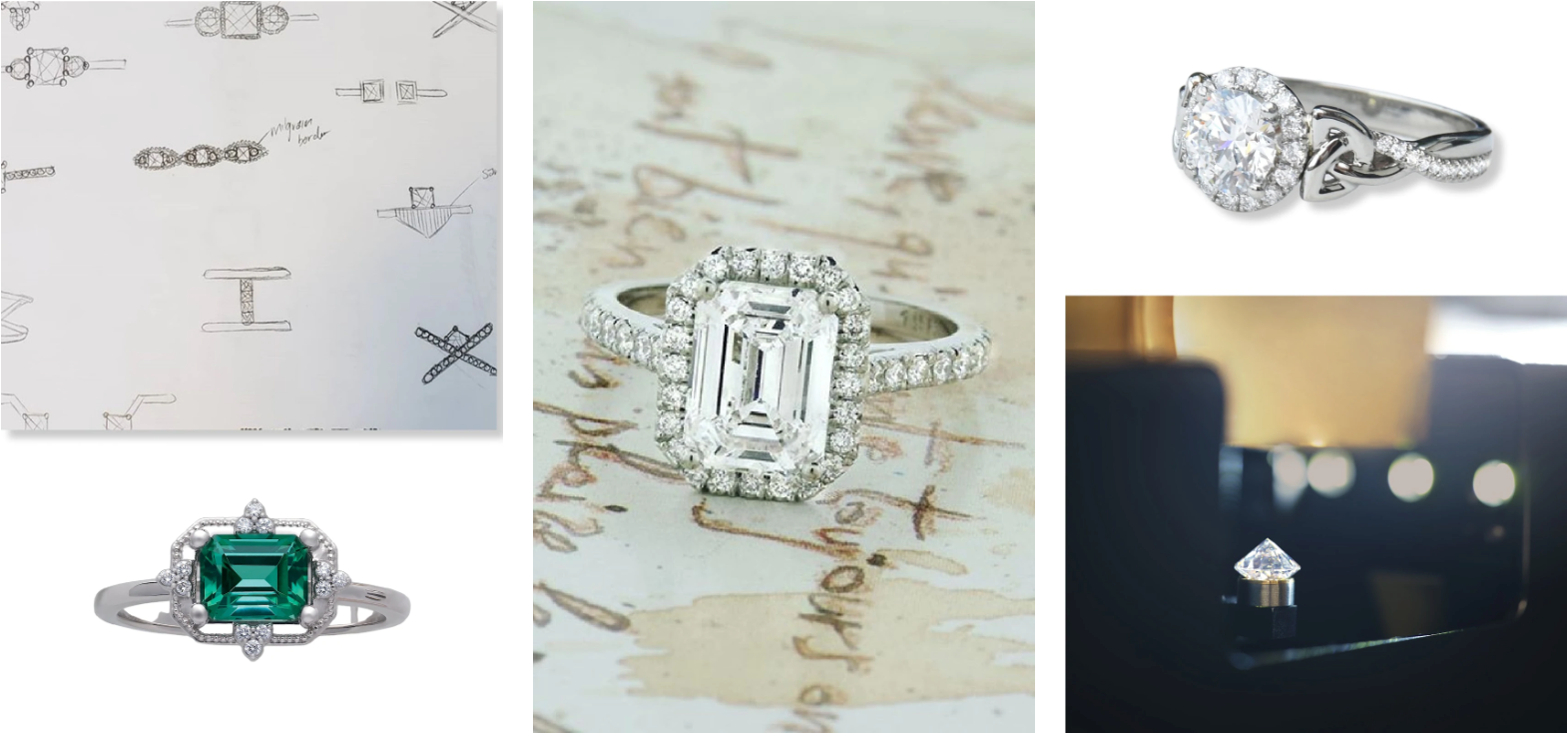 Collage of sketches of a to be custom diamond ring, a finalized custom green stone & lab-grown diamond ring, a custom ring with lab grown princess cut diamond with numerous other diamonds, round cut lab grown diamond ring, & a large diamond on a table.