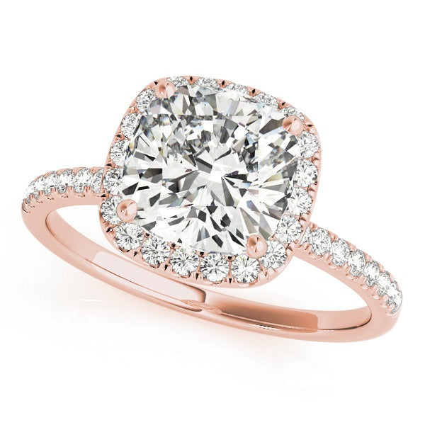 Rose gold cushion cut halo engagement ring front view