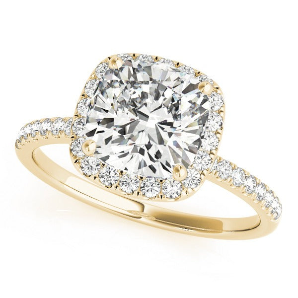 Yellow gold cushion cut halo engagement ring front view